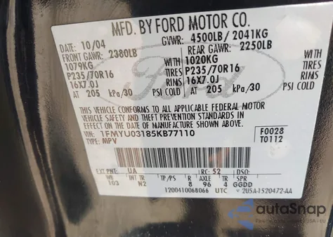 2005 Ford Escape Xlt from USA, damaged, VIN 1FMYU03185KB77110